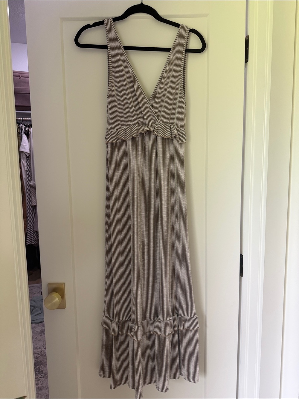 T.J.Maxx Taupe and White Striped Ruffle Midi Dress